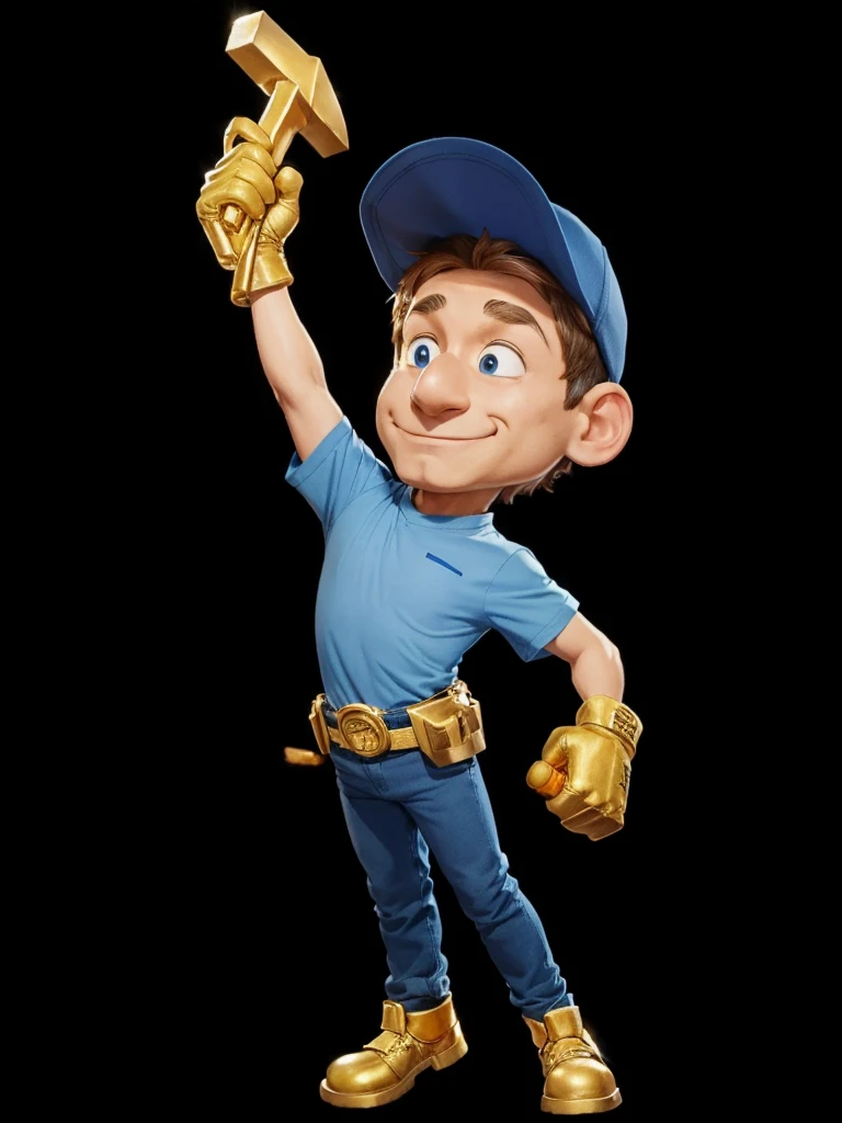 one men, with blue cap on head, with blue shirt, with blue pants, with yellow gloves on hands, holding a golden hammer in his right hand.