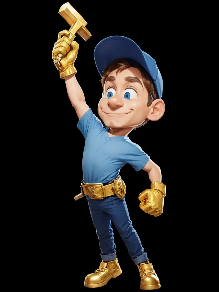 one men, with blue cap on head, with blue shirt, with blue pants, with yellow gloves on hands, holding a golden hammer in his right hand.