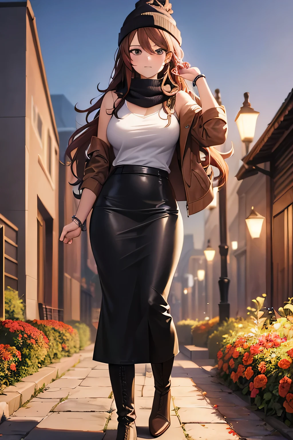 ((masterpiece, best quality, ultra-detailed)), beautiful woman walking through a fall garden, brown leather jacket with gray t-shirt, scarf, beanie, bracelet, black maxi pencil skirt, leather boots, backpack, full body, long hair, wavy hair, fall garden, leaves, night