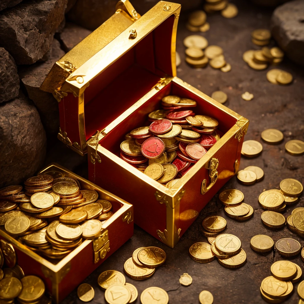 Red treasure chest containing gold coins and diamonds Cave