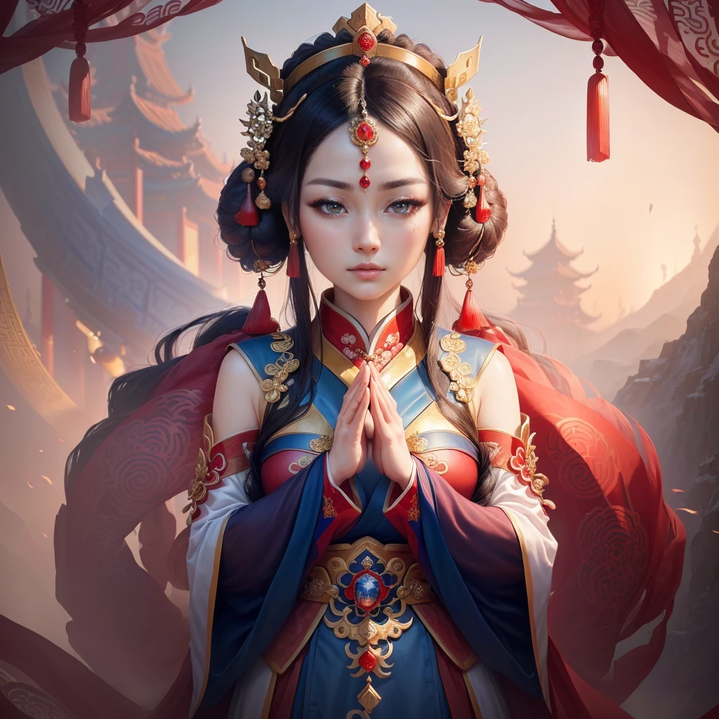a painting of a woman in a red and blue dress, a beautiful fantasy empress, inspired by Lan Ying, chinese empress, queen of the sea mu yanling, ((a beautiful fantasy empress)), inspired by Ju Lian, ancient chinese princess, inspired by Li Mei-shu, ancient chinese goddess, inspired by Qiu Ying, inspired by Sim Sa-jeong, Highly detailed CG unit 8k wallpaper, masterpiece, High resolution, highest quality, highest quality real texture skin, Super Real, Digital Painting, Best image quality, 最High resolution, 8k, ((Highly detailed eyes and face, Beautiful eyes every detail)), Clasping hands, pray, (in trouble, sad, it hurts, worry, Drooping eyebrows, )