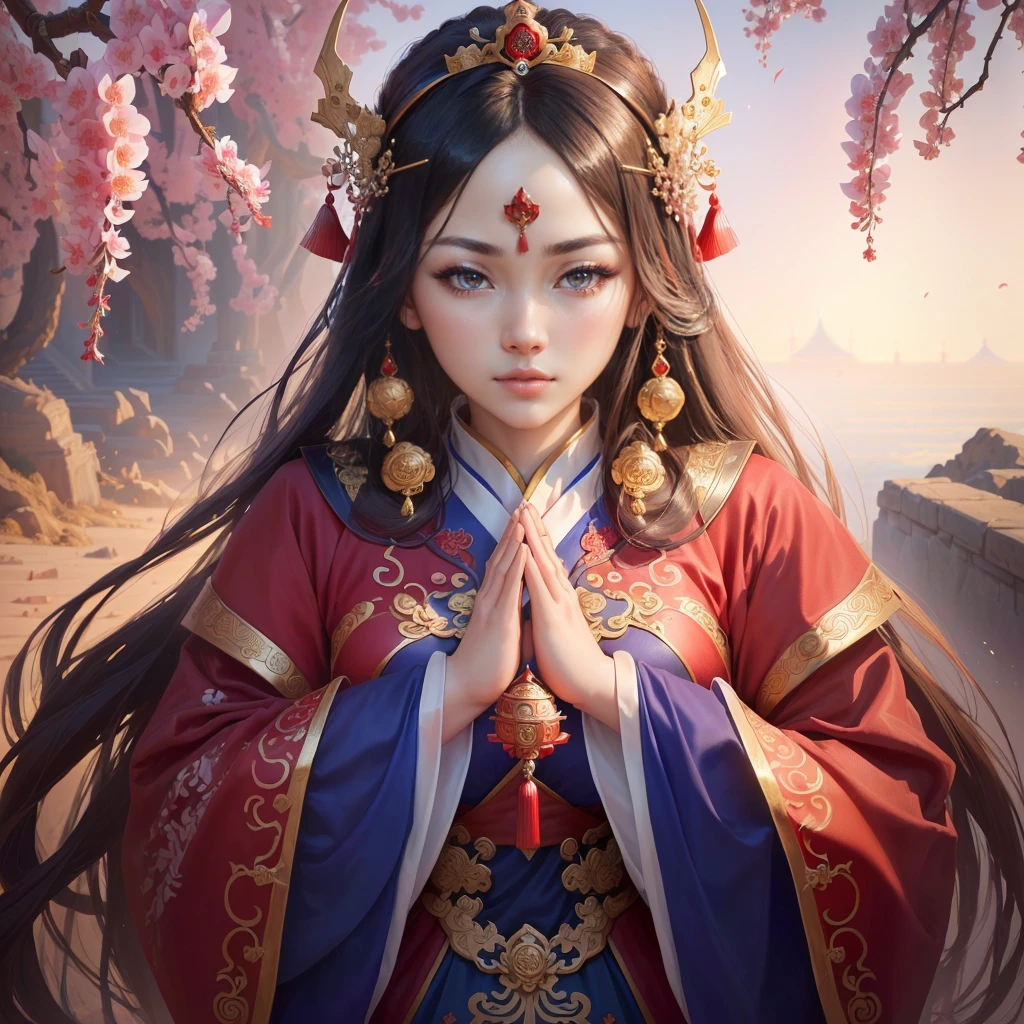 a painting of a woman in a red and blue dress, a beautiful fantasy empress, inspired by Lan Ying, chinese empress, queen of the sea mu yanling, ((a beautiful fantasy empress)), inspired by Ju Lian, ancient chinese princess, inspired by Li Mei-shu, ancient chinese goddess, inspired by Qiu Ying, inspired by Sim Sa-jeong, Highly detailed CG unit 8k wallpaper, masterpiece, High resolution, highest quality, highest quality real texture skin, Super Real, Digital Painting, Best image quality, 最High resolution, 8k, ((Highly detailed eyes and face, Beautiful eyes every detail)), Clasping hands, pray, (in trouble, sad, it hurts, worry, Drooping eyebrows, )