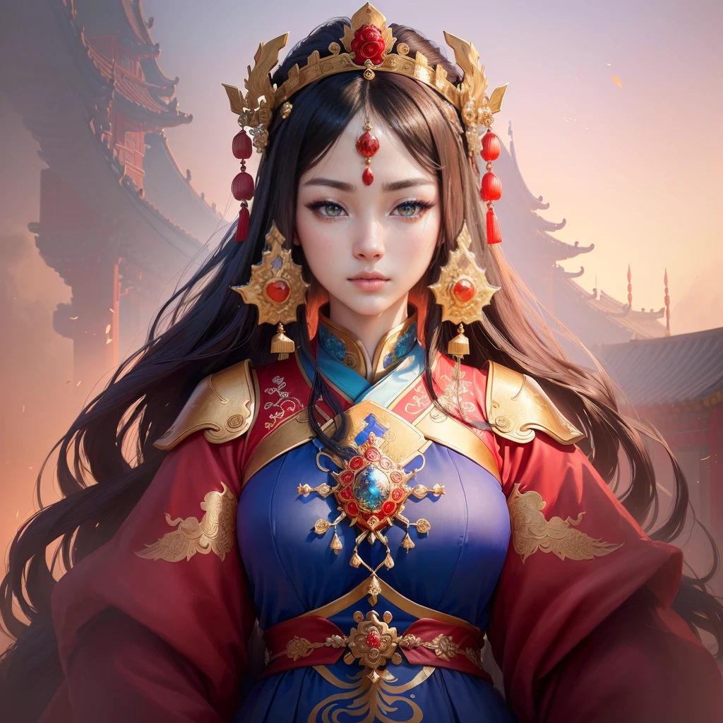 a painting of a woman in a red and blue dress, a beautiful fantasy empress, inspired by Lan Ying, chinese empress, queen of the sea mu yanling, ((a beautiful fantasy empress)), inspired by Ju Lian, ancient chinese princess, inspired by Li Mei-shu, ancient chinese goddess, inspired by Qiu Ying, inspired by Sim Sa-jeong, Highly detailed CG unit 8k wallpaper, masterpiece, High resolution, highest quality, highest quality real texture skin, Super Real, Digital Painting, Best image quality, 最High resolution, 8k, ((Highly detailed eyes and face, Beautiful eyes every detail)), Clasping hands, pray, (in trouble, sad, it hurts, worry, Drooping eyebrows, )