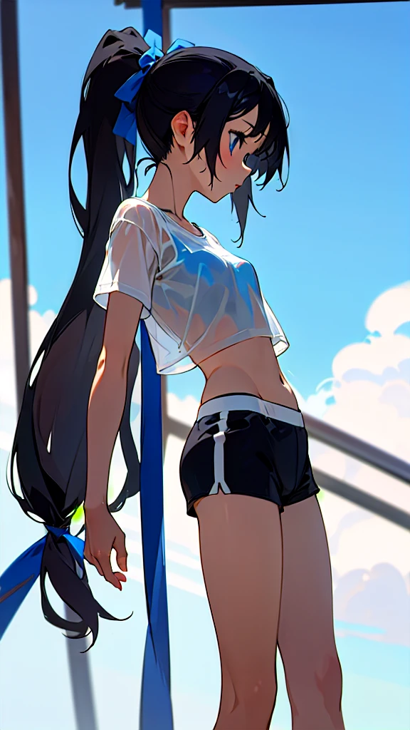 One girl, masterpiece, High resolution, Anatomically correct, blue eyes, cute、ribbon, far and near method, Anime Style, Black Hair, Long Hair, ponytail、Feet out of frame, Sports bra style swimsuit、chest, Shorts、See-through T-shirt、Character profile,