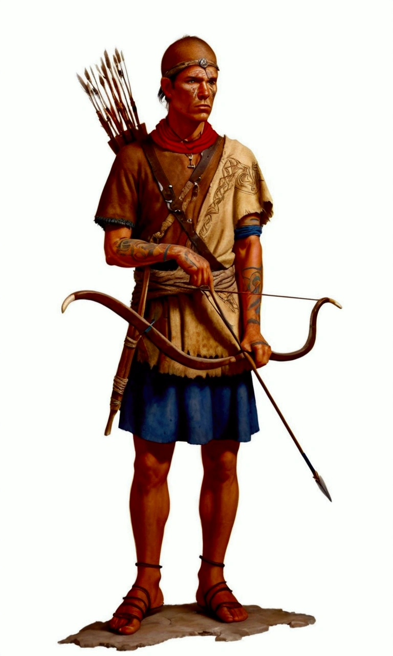 primitive archer with painted face, wearing animal skin rags and rustic clothing that was poorly sewn and poorly finished, with one arm uncovered and with Celtic tattoos: ultra realistic and detailed