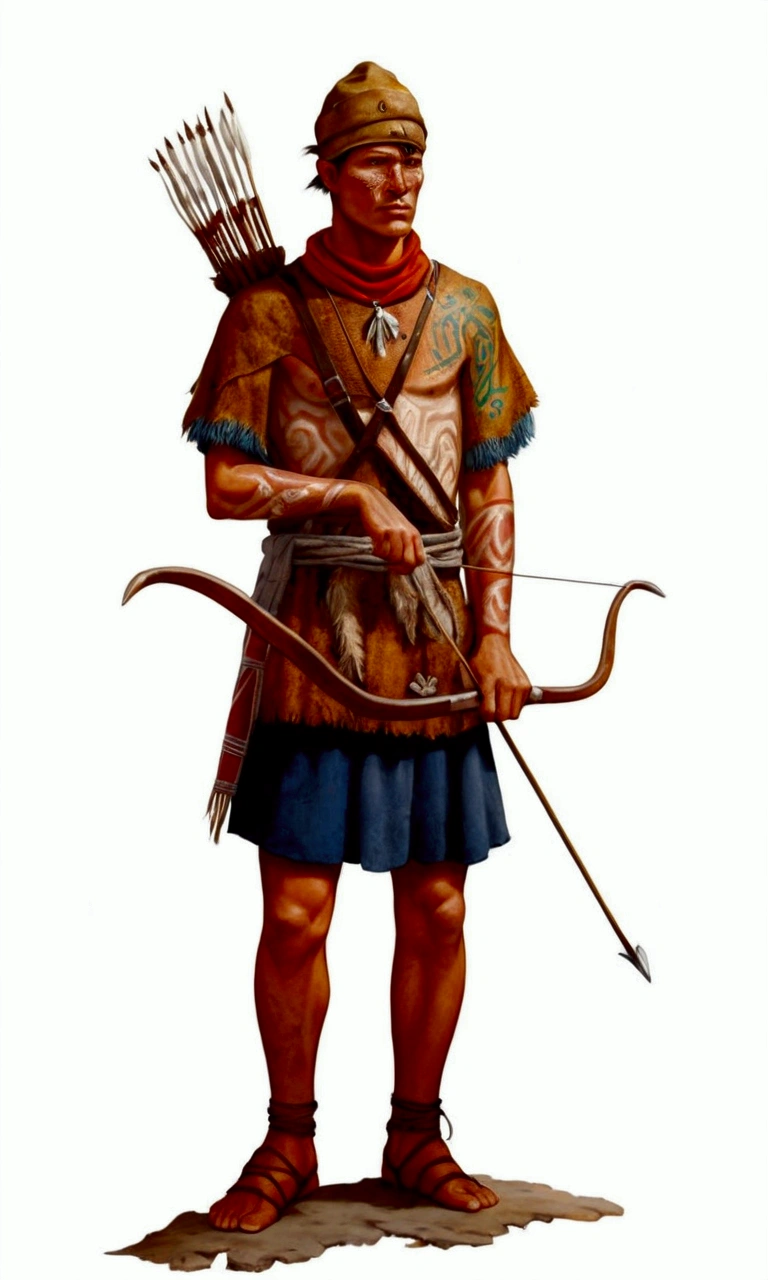 primitive archer with painted face, wearing animal skin rags and rustic clothing that was poorly sewn and poorly finished, with one arm uncovered and with Celtic tattoos: ultra realistic and detailed