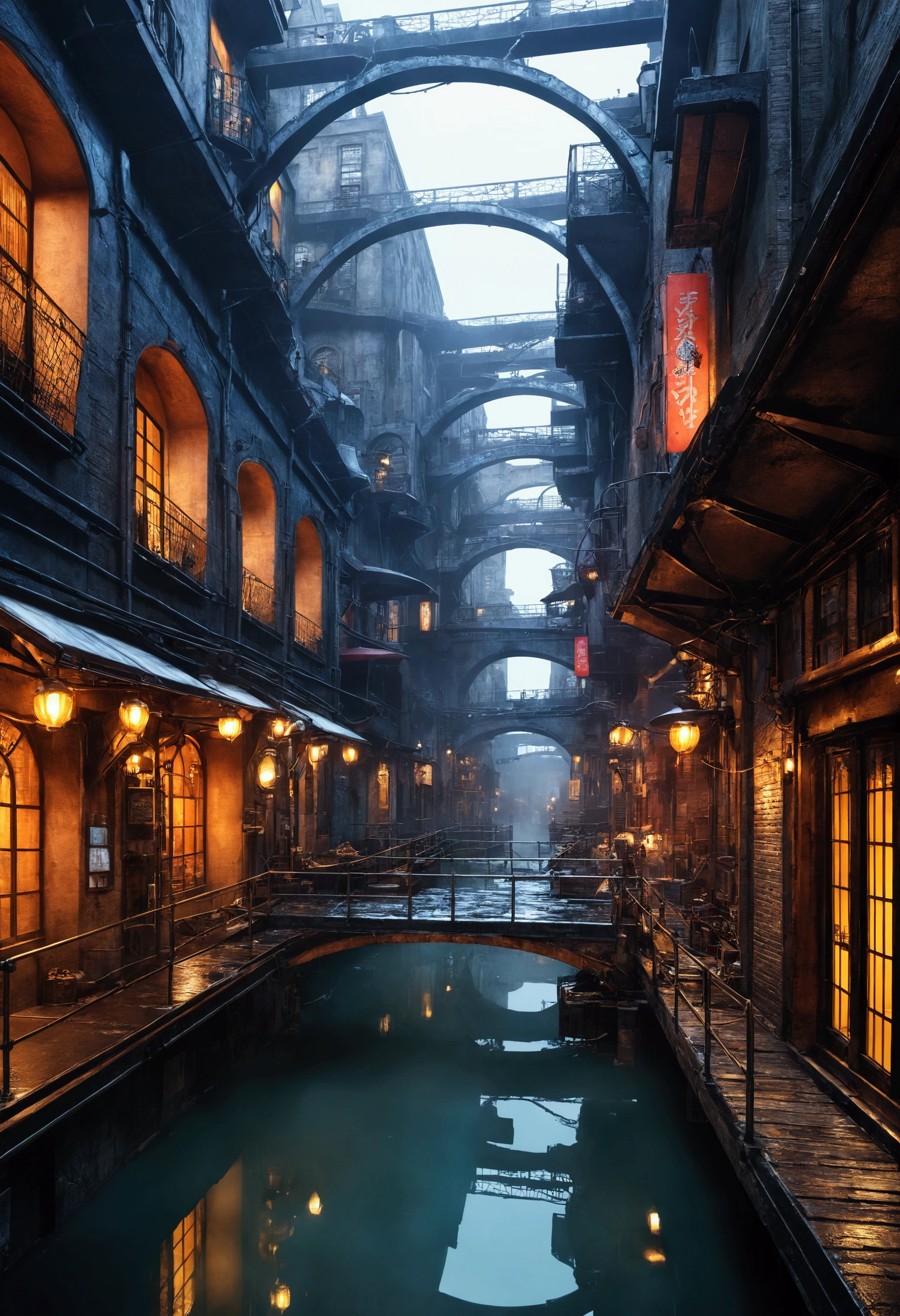 ((masterpiece)),((Highest quality)),((detailsまでこだわった)),((reality的,)) Industrial City, There is a deep canyon in the middle, Architecture Street, Bazaar, bridge, Wet day, steampunk, European architecture,Futuristic street, Cyberpunk atmosphere,neon,Real,reality,detailsまでReal,details