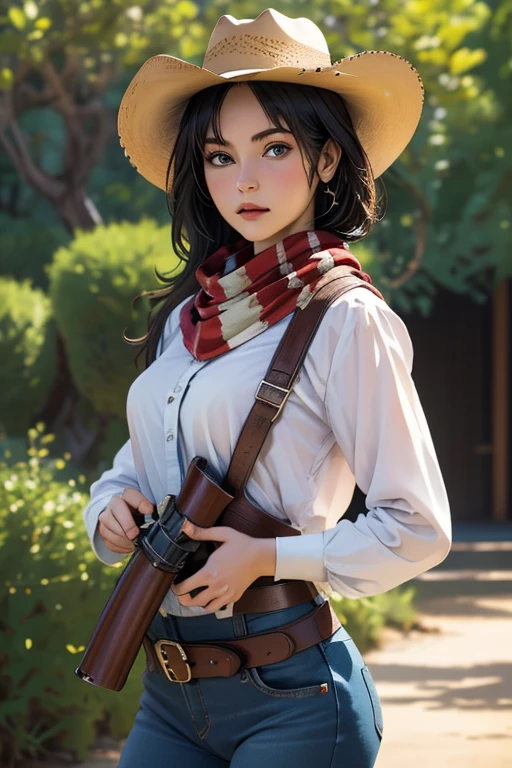 Highest quality High resolution Western Wilderness Cute girl in gunfighter clothes Ten-gallon hat Revolver pistols jeans gun belt A scarf is wrapped around the neck The background is the wilderness:1.8