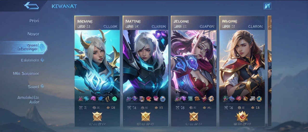 The image displays a collection of characters from the game \"Mobile Legends,\" each with a distinct design and color scheme, showcasing their abilities and roles within the game.
