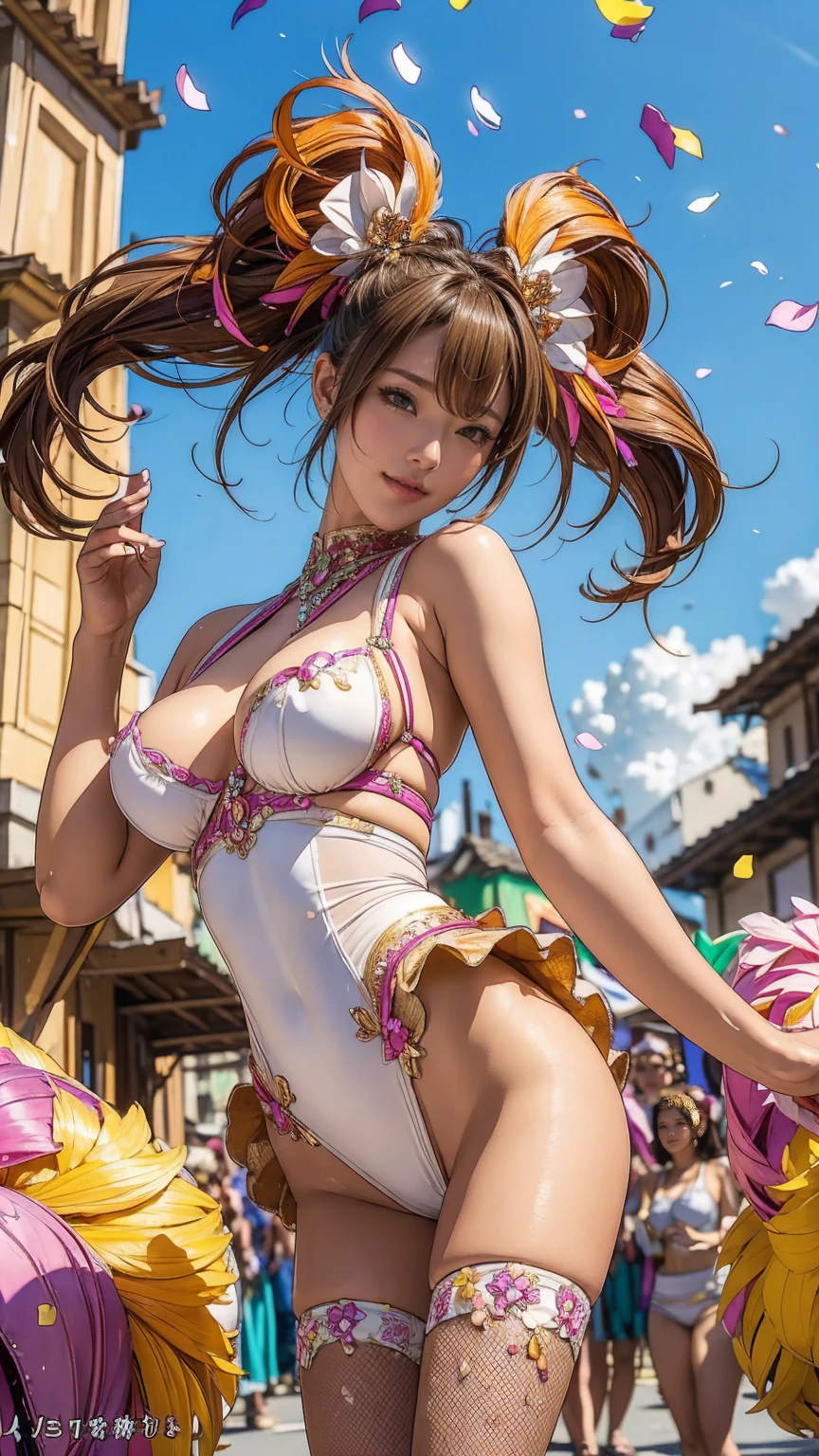 Highest quality, Official Art, masterpiece, Fabric Shading, High resolution, Very detailed, colorful, Best details, Fantasy, High leg samba micro costume:1.5, Yuki Mori:1.5, 1 female, Age 25, Brown Hair, short hair, Twin tails,Naturally flowing bangs, Puffy nipples, {{{{{Dancing enthusiastically in a parade:1.9}}}}}, A castle town with an old castle view, sunny, Large Breasts, skinny, Surrounded by male photographers:1.9, Confetti falling, Blessed, welcome:1.5, Camel Toe:1.7, Ground level shot,