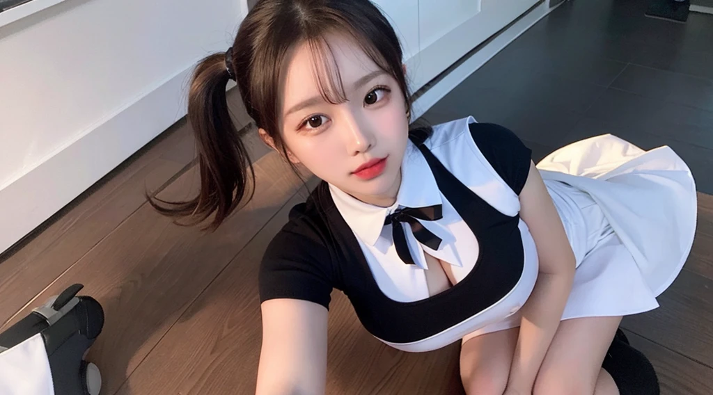 ((Highest quality, 8k, masterpiece:1.3)), DetailedWoman:1.3, (ponytail, Big Breasts:1.1), uniform, ultra detailed, mini skirt