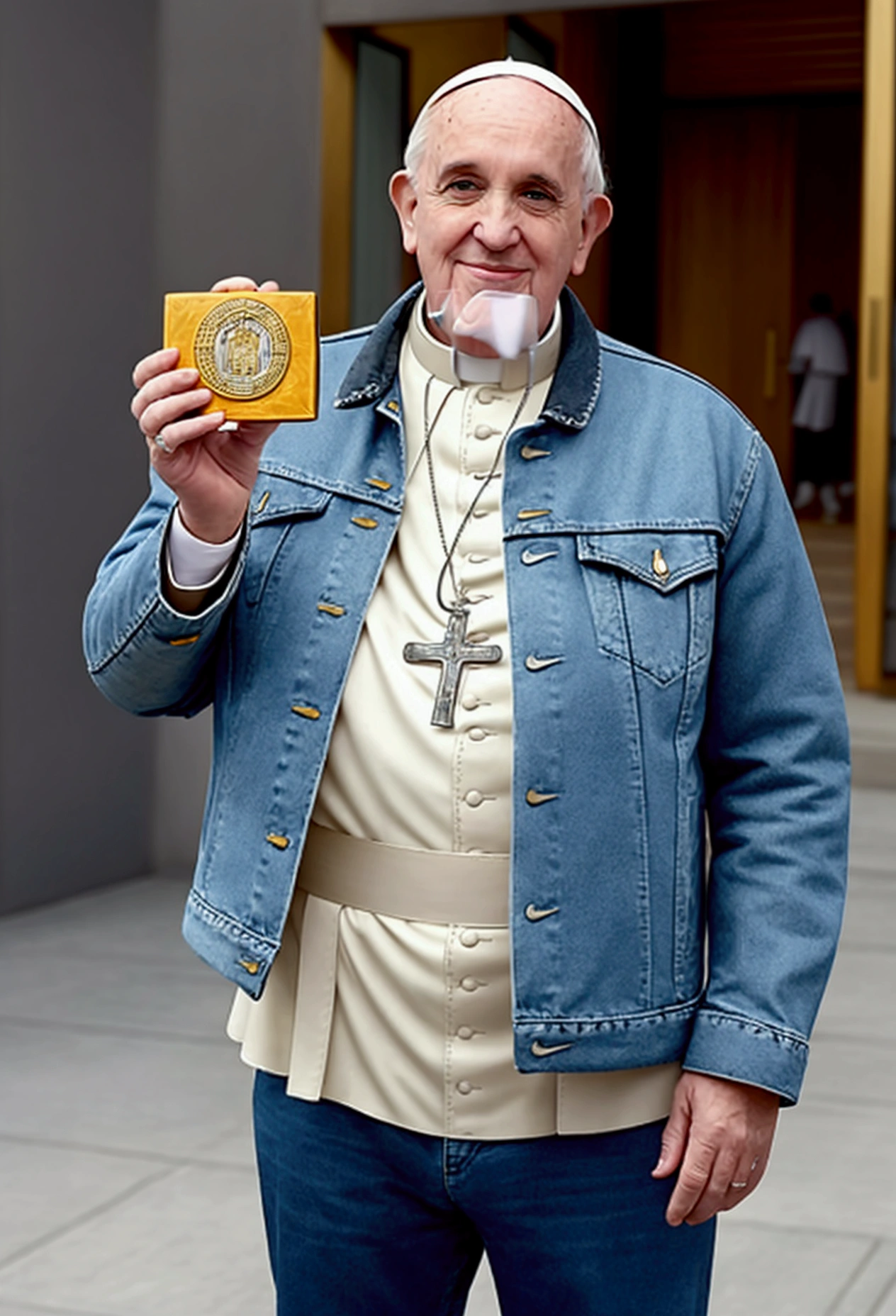 A photo of the pope, wearing a Jean jacket, Nike shoes, in a city, holding an epée