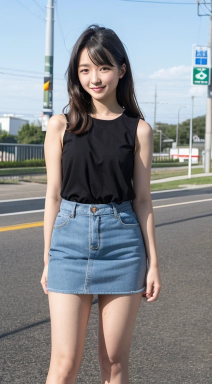 masterpiece, highest quality, beautiful girl, Beautiful Face, Looking at the audience, smile, Ultra-realistic, High resolution, photograph, The focus was clear, High resolution, 20-year-old female、roadside、Panty shot、mini skirt、Panties in full view、Thighs、Open legs、