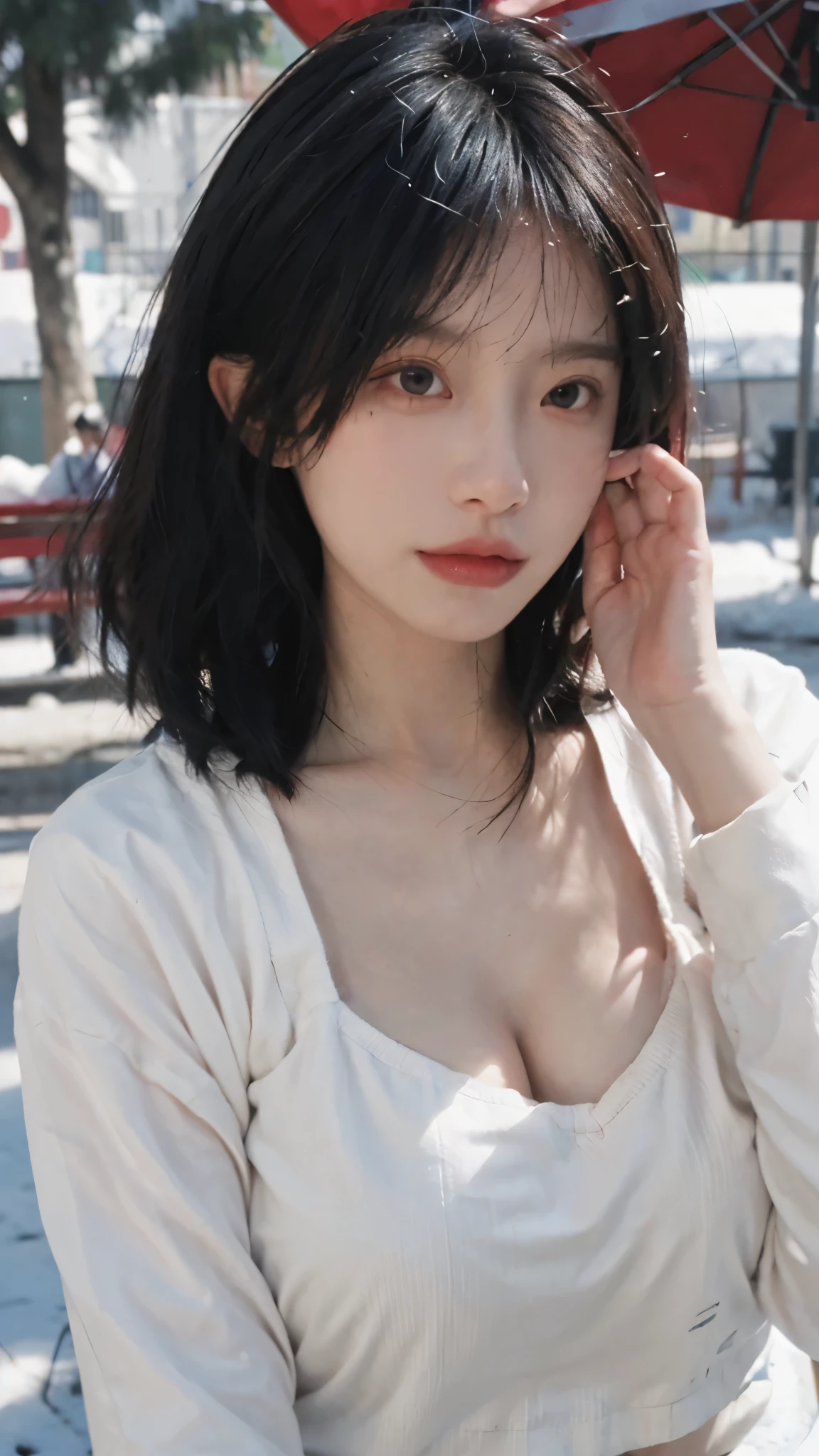 Portrait photography,1 girl,Snow Scene,Snowing background,Thickened cup strapless outer expansion underwear for women with small chest, gathered, non-slip and large, 6cm front buckle, wrapped chest, flat chest, tube top ,whole body:1.4,Lipstick,(Big Breasts:1.6),Headband,serene,calm,(Realistic and detailed eyes,Natural skin texture,Realistic facial details),