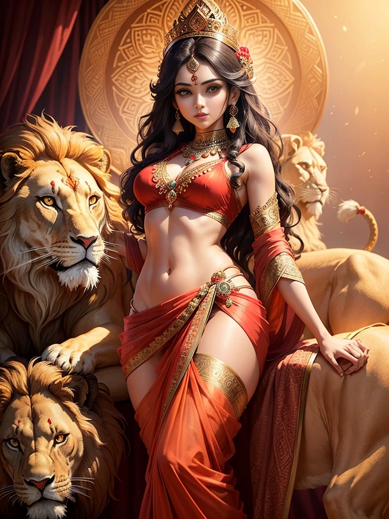 (highly detailed), (illustration), (intricate), (beautiful face), (attractive body), (complete body picture), modern indian goddess, Hinduism, (transparent red saree), dynamic pose, deity crown, (lion standing nearby), colorful, eye-catching, heavenly.