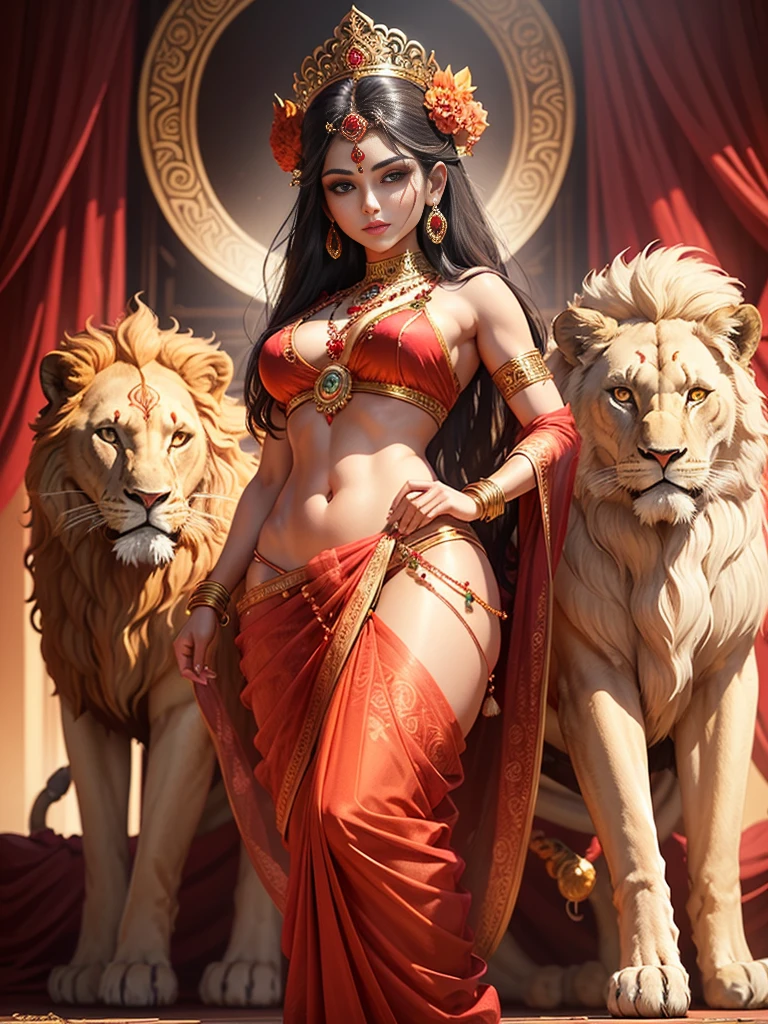 (highly detailed), (illustration), (intricate), (beautiful face), (attractive body), (complete body picture), modern indian goddess, Hinduism, (transparent red saree), dynamic pose, deity crown, (lion standing nearby), colorful, eye-catching, heavenly.