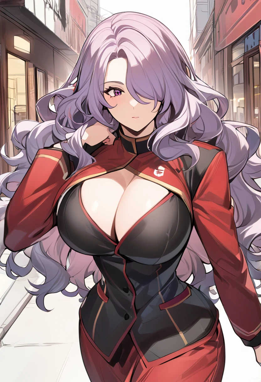 Anime, 1 girl, solo, sprCamilla, hair over one eye, kimtag, red student uniform, crimson colored hair, camilla's huge long fuzzy hairstyle, busty, deep cleavage, genetics's high , firm strong body, expressive eye, perfect anatomy, walking on a nighty street