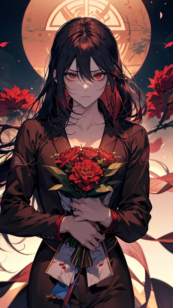Anime girl with red hair and wearing a black suit holding a bouquet of red flowers, Yandere, Yandere. expensive, gapmoe Yandere, ( ( ( yoh yoshinari ) ) ), by Kamisaka Sekka, by Kamaguruka, gapmoe Yandere grimdark, Chainsaw Man, Written by Chi Dahe, Chainsaw Man manga
