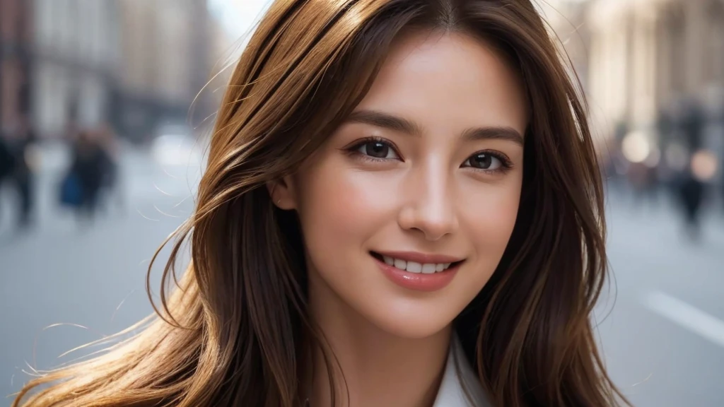 masterpiece, Best Quality, Photorealistic, Ultra-detailed, finely detailed, High resolution, 8K Wallpaper, 1 beautiful woman, light brown hair, sharp focus, Perfect dynamic composition, Beautiful detailed eyes, detailed hairs, Detailed realistic skin texture, Smiling, portrait, Model body type, Take a walk on the street of London,