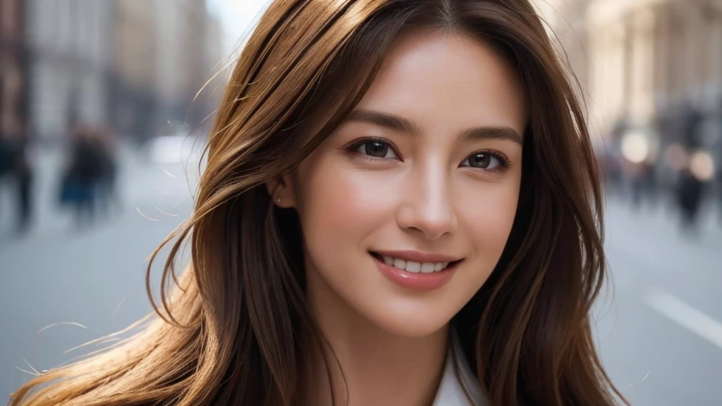 masterpiece, Best Quality, Photorealistic, Ultra-detailed, finely detailed, High resolution, 8K Wallpaper, 1 beautiful woman, light brown hair, sharp focus, Perfect dynamic composition, Beautiful detailed eyes, detailed hairs, Detailed realistic skin texture, Smiling, portrait, Model body type, Take a walk on the street of London,