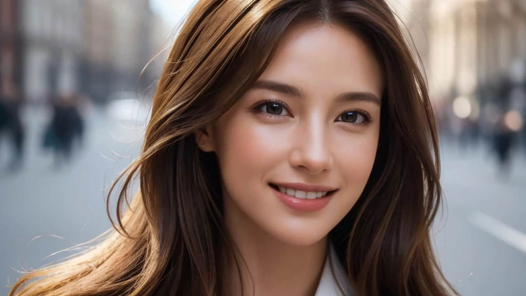 masterpiece, Best Quality, Photorealistic, Ultra-detailed, finely detailed, High resolution, 8K Wallpaper, 1 beautiful woman, light brown hair, sharp focus, Perfect dynamic composition, Beautiful detailed eyes, detailed hairs, Detailed realistic skin texture, Smiling, portrait, Model body type, Take a walk on the street of London,