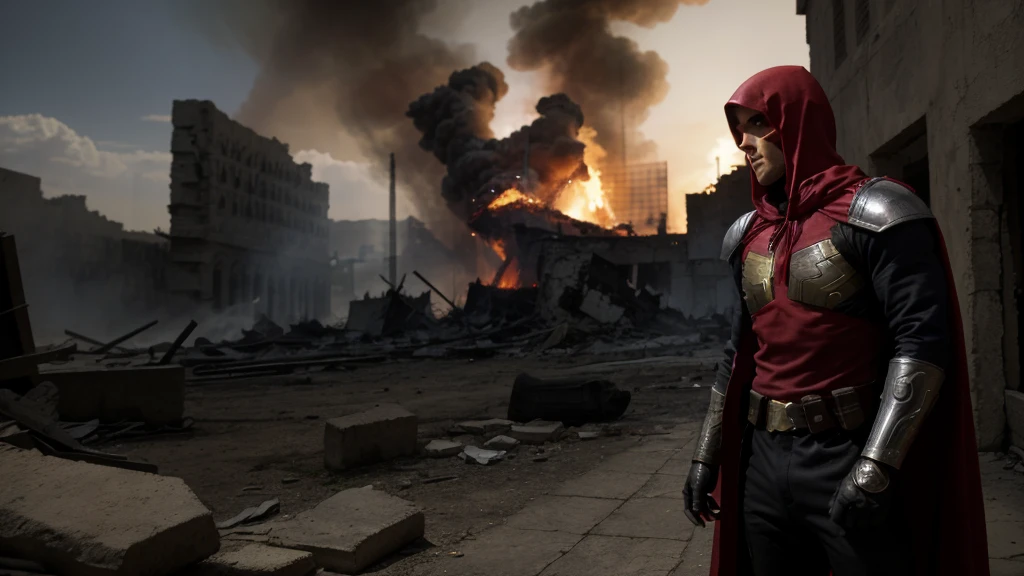 hdr, best 24k image, with shining armor a templar soldier, with a red hood, in front of a destroyed city, ruins fire, smoke, clear day