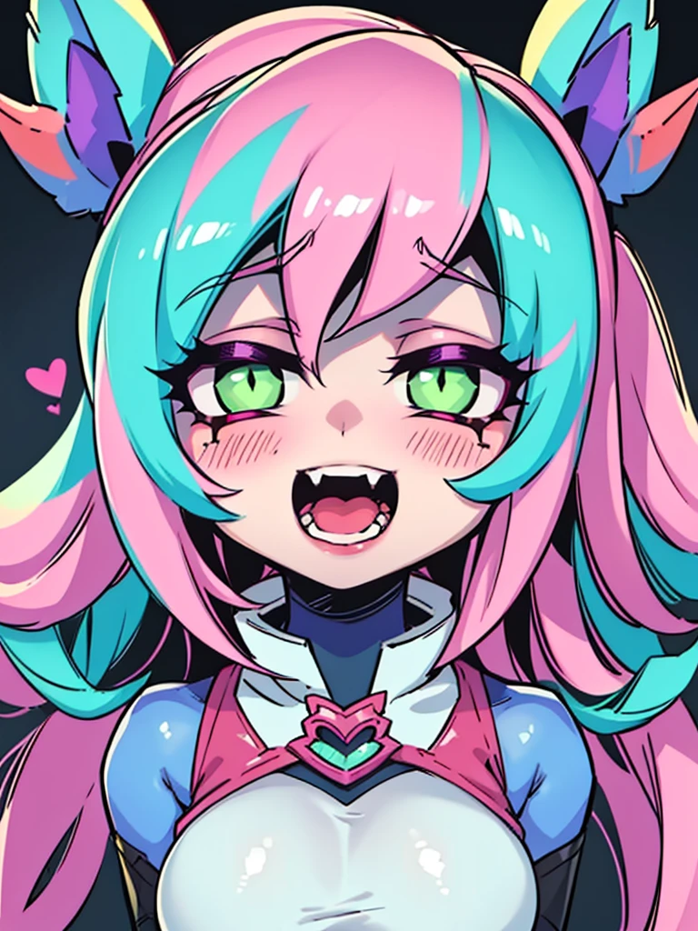 Zyra - Nightmare in Crime City - League of Legends, High Definition, White clothes, pink hair, blush stickers, green heart-shaped pupils, dilated pupils, eye reflection, high detail, depth of field, UHigh Definition, retina, Masterpiece, necessary, anatomically correct, textured skin, super detail, high details, high quality, awarded, Best Quality, high resolution, 1080P, High Definition, 4k, evil smile