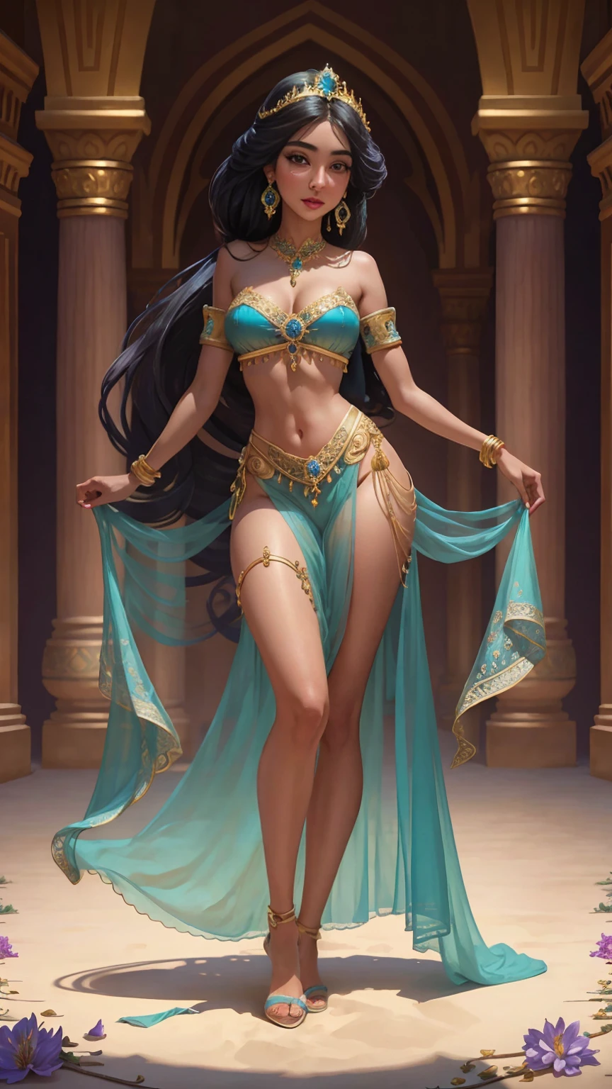 ((Full body photo, standing, feet on the floor))
(((1girl))), (((23years))), ((full body shot)), Jasmine , Arabian, bikini, diadem with blue gem, jewelry, bracelets on arms, anklets on legs, colorful silks, Arabian setting, flowers, looking at viewer, ((highly detailed)), (((masterpiece))) Hyacinth