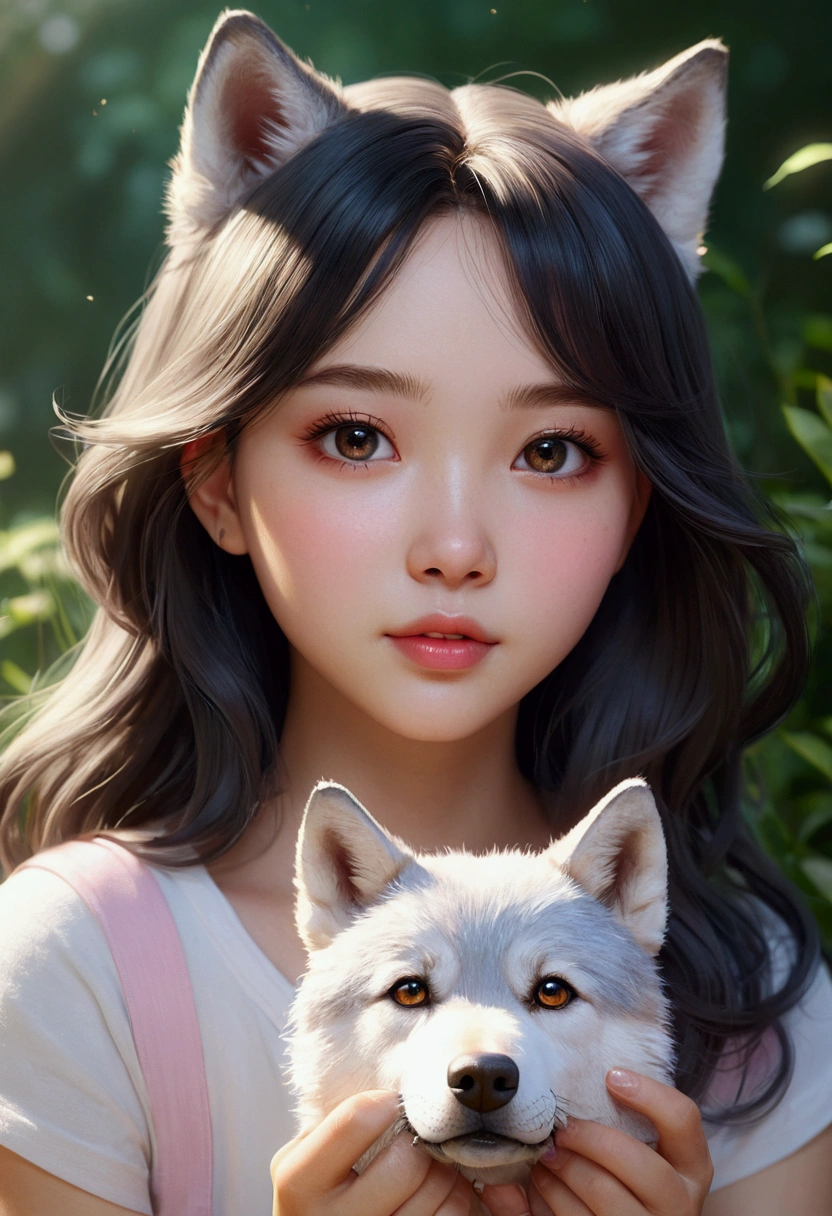 Beautiful with dreamy eyes, Dog or Wolf, Cute Girls, Volumetric Light, Ultra-realistic, Intricate details, shape, Painting, watercolor, Cute Chibi, garden, ah!, Shallow depth of field, Pastel Color Palette, Soft lighting, Minimum, Modern, Digital Painting, Lois Van Belle、Ross Tran、Art by artgerm, Artstation HQのトレンド, Very detailed，