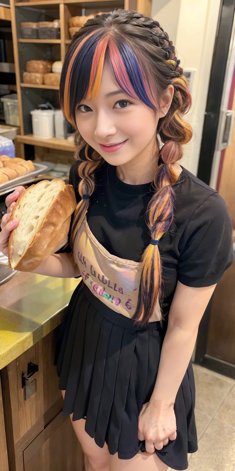((holding a large loaf of bread))、
12 year old girl、
Day本アイドル、

Cute Smile、
Lewd smile、　
Panting face、Pant voice、
Fluid organization:1.6), One beautiful girl with really wild hair, (Colorful wavy hair:1.2),( Two long braids:1.2), (Long wild hair:1.2), (Multicolored Hair: 1.9),Cute smile
Bakery Sales Staff、

Angle from directly below、
Low - Angle、スーパーLow - Angle、
apron、
blouse(See-through)、
はだけるblouse、
My shirt is open、
Open shirt、
hot pants、
ピンク色のhot pants、I can see a little underwear、Thighs、Butt、Beautiful buttocks、
I'm cleaning、
I'm wiping the floor.、Wipe the floor with a rag、
Bend over to clean、




clear、serious
Bakery Cafe、bread
Bakery clerk、Day本アイドル、

(masterpiece), (Highest quality:1.4), Absurd, [:Intricate details:0.2],  (View your viewers:1.2), Day,  reflection、
Reddish hair，Golden Student，enjoy，Moist，肉感Thighs，Slim figure，Moist, Glowing pink skin，transparent，Mature Woman，Affectionate expressions，情熱的に取り組んでいます

Day本アイドル