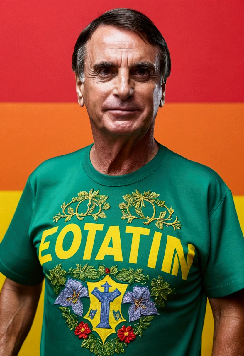 Bolsonaro with a written shirt "éojotaheiiiin", realistic, detailded