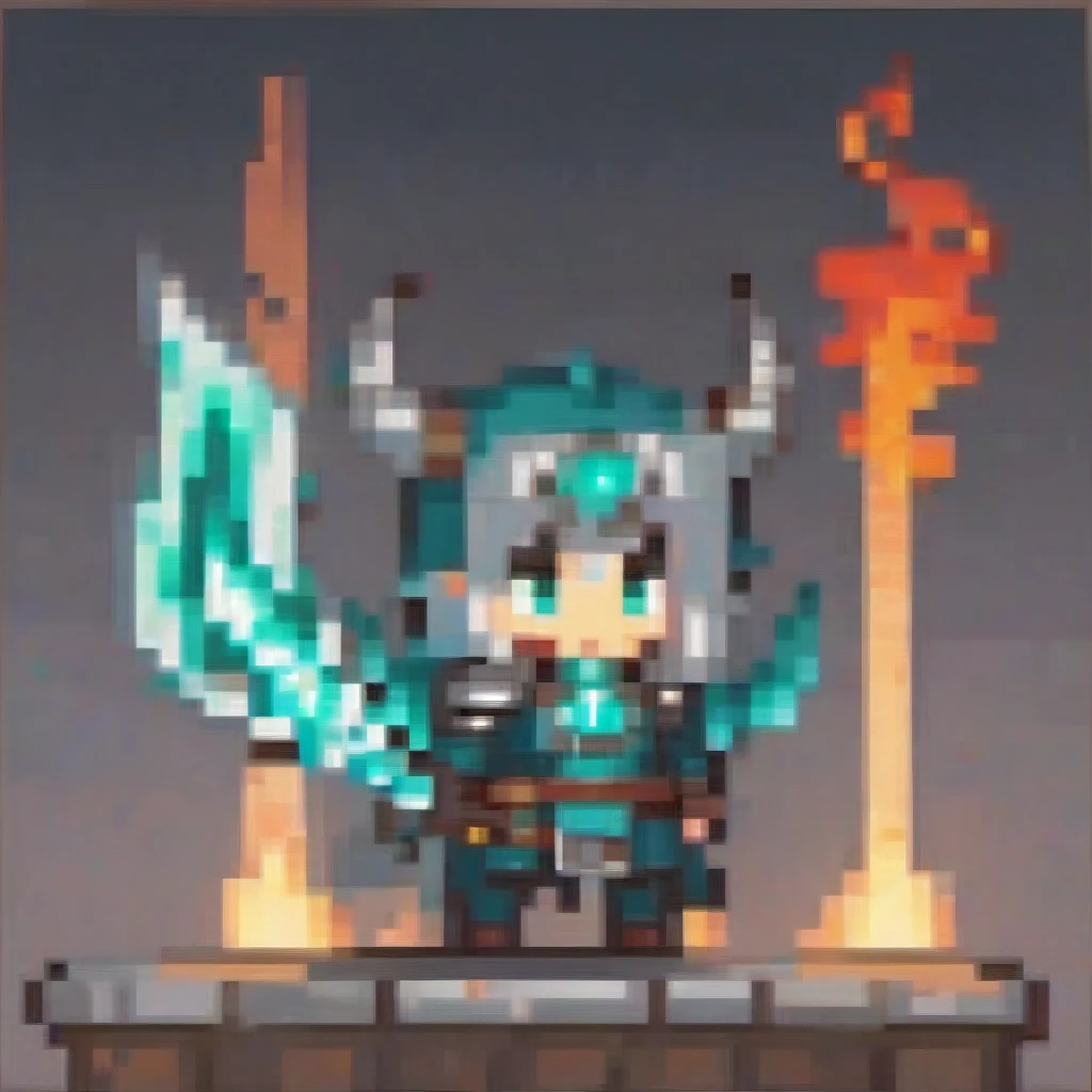 A chibi male character with a mix of teal and silver armor from a fantasy anime, wielding a large, intricate greatsword. He has dragon wings and a tail, glowing emerald eyes, and curved ram horns. His sword glows with a fiery red aura, and he's in a dynamic battle pose surrounded by swirling flames. The scene is set with cinematic lighting and moody colors, in a detailed digital art, concept art style.