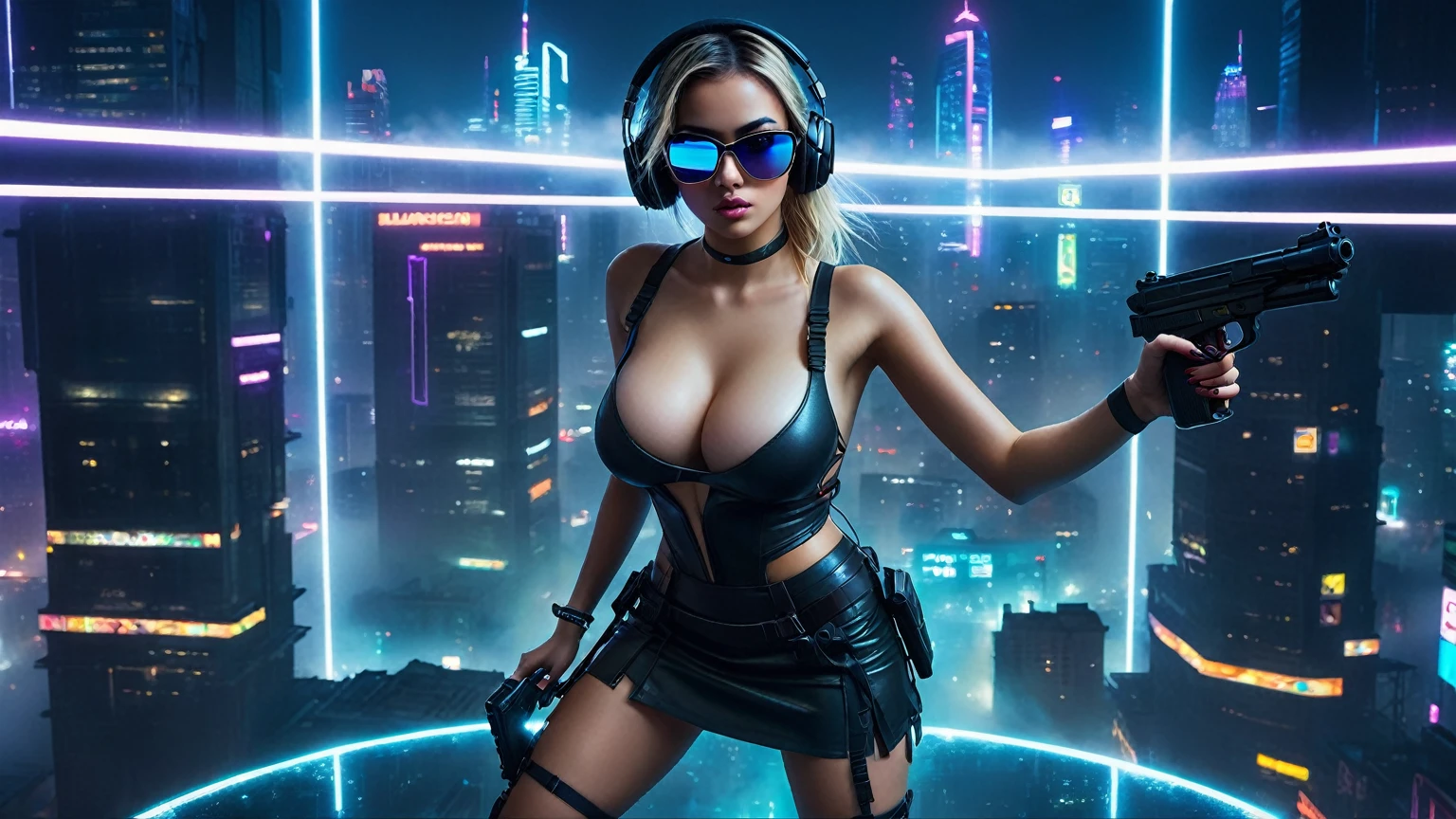 dark futuristic landscape, at night, neon lights, Atmospheric fog, large buildings in the background, futuristic city, streets with open shops, skyscraper (postapocalyptic city:1.3). (((1girl, solo, alone))), large-breast:1.2 slim body, cleavage:1.1, sexy miniskirt, (((headphone, black sunglasses, standing and holding pistol pose))), (((half-body thigh level medium shot))), cinematic lighting, lens flare, ray tracing.