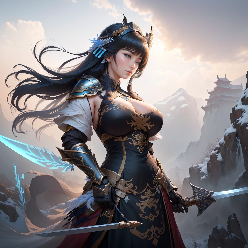 a woman in armor holding a sword and a feather, zhao yun, by Ju Lian, by Qu Leilei, chinese warrior, inspired by Shen Zhou, inspired by Li Mei-shu, by Li Zai, g liulian art style, a beautiful woman warrior, inspired by Li Rongjin, inspired by Ju Lian, beautiful character painting, xianxia hero, Highly detailed CG unit 8k wallpaper, masterpiece, High resolution, highest quality, highest quality real texture skin, Super Real, Digital Painting, Best image quality, 最High resolution, 8k, ((Highly detailed eyes and face, Beautiful eyes every detail)), (Saggy breasts, Gravity-dependent breasts, long chest, Heavy chest, disproportionate breasts, huge breasts, sagging breasts, gigantic breasts,), smile, black hair, profile,
