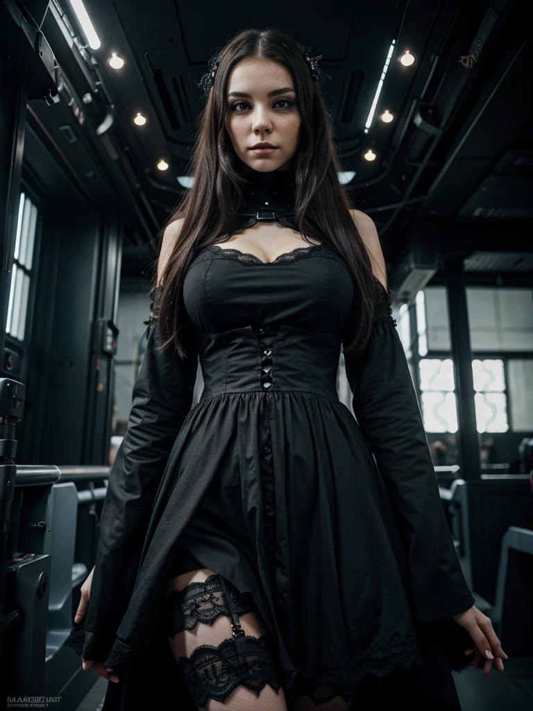 1 gothic girl, Beautiful face,  wide, looking at the viewer, lace,  reality, sexy, background of an interstellar ship, free standing