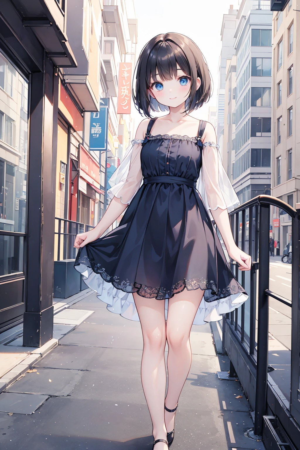 Photorealistic、Highest quality、Highest Resolution、Highest quality、16K、One woman、Beautiful woman、cute、beautiful、Bob Cut Hair、Dark Hair、Pale blue eyes、Casual long dress、smile、Smile、sunny、Walking around the city、