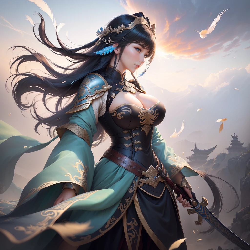 a woman in armor holding a sword and a feather, zhao yun, by Ju Lian, by Qu Leilei, chinese warrior, inspired by Shen Zhou, inspired by Li Mei-shu, by Li Zai, g liulian art style, a beautiful woman warrior, inspired by Li Rongjin, inspired by Ju Lian, beautiful character painting, xianxia hero, Highly detailed CG unit 8k wallpaper, masterpiece, High resolution, highest quality, highest quality real texture skin, Super Real, Digital Painting, Best image quality, 最High resolution, 8k, ((Highly detailed eyes and face, Beautiful eyes every detail)), (Saggy breasts, Gravity-dependent breasts, long chest, Heavy chest, disproportionate breasts, huge breasts, sagging breasts, gigantic breasts,), smile, black hair, profile,