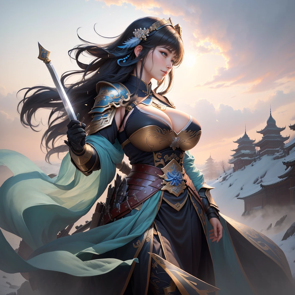 a woman in armor holding a sword and a feather, zhao yun, by Ju Lian, by Qu Leilei, chinese warrior, inspired by Shen Zhou, inspired by Li Mei-shu, by Li Zai, g liulian art style, a beautiful woman warrior, inspired by Li Rongjin, inspired by Ju Lian, beautiful character painting, xianxia hero, Highly detailed CG unit 8k wallpaper, masterpiece, High resolution, highest quality, highest quality real texture skin, Super Real, Digital Painting, Best image quality, 最High resolution, 8k, ((Highly detailed eyes and face, Beautiful eyes every detail)), (Saggy breasts, Gravity-dependent breasts, long chest, Heavy chest, disproportionate breasts, huge breasts, sagging breasts, gigantic breasts,), smile, black hair, profile,