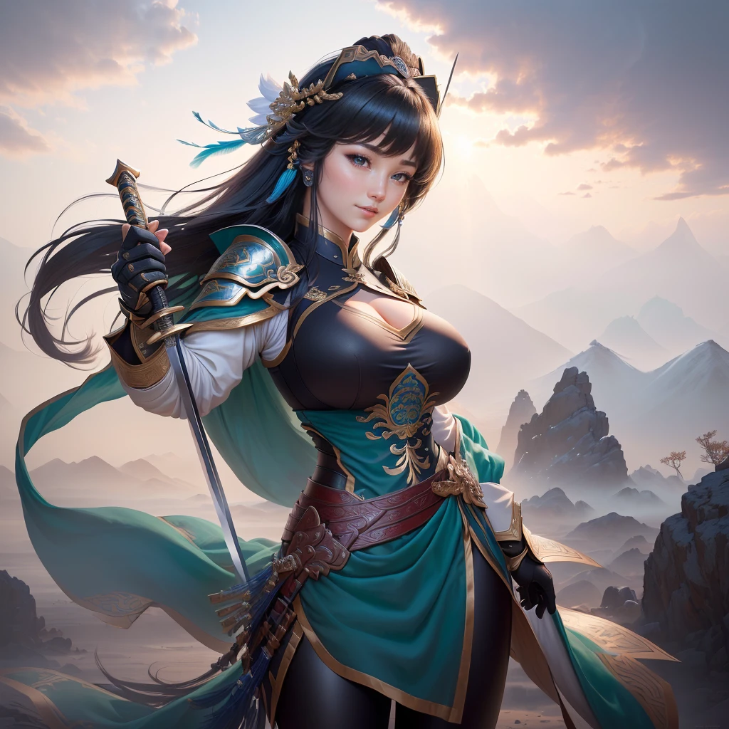 a woman in armor holding a sword and a feather, zhao yun, by Ju Lian, by Qu Leilei, chinese warrior, inspired by Shen Zhou, inspired by Li Mei-shu, by Li Zai, g liulian art style, a beautiful woman warrior, inspired by Li Rongjin, inspired by Ju Lian, beautiful character painting, xianxia hero, Highly detailed CG unit 8k wallpaper, masterpiece, High resolution, highest quality, highest quality real texture skin, Super Real, Digital Painting, Best image quality, 最High resolution, 8k, ((Highly detailed eyes and face, Beautiful eyes every detail)), (Saggy breasts, Gravity-dependent breasts, long chest, Heavy chest, disproportionate breasts, huge breasts, sagging breasts, gigantic breasts,), smile, black hair, profile,