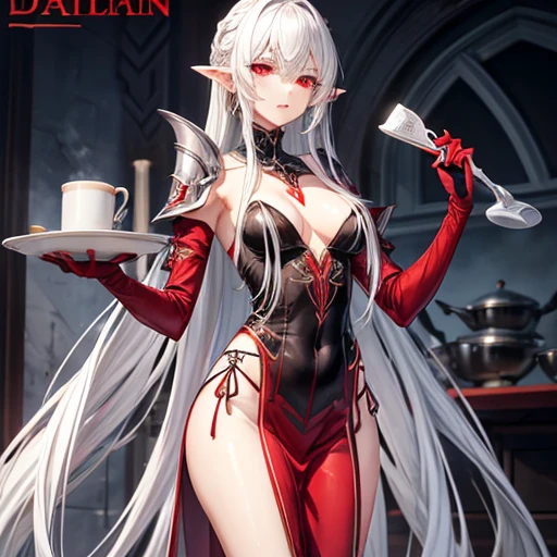 tall、Slim figure。
- Long silver hair tied back。
- Sharp red eyes、Always keep a calm expression。
- A dark elf wearing a luxurious chef&#39;s uniform in black and purple.