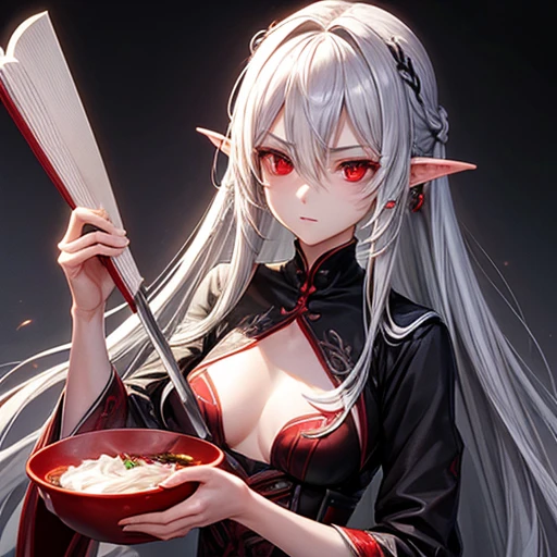tall、Slim figure。
- Long silver hair tied back。
- Sharp red eyes、Always keep a calm expression。
- A dark elf wearing a luxurious chef's uniform in black and purple.