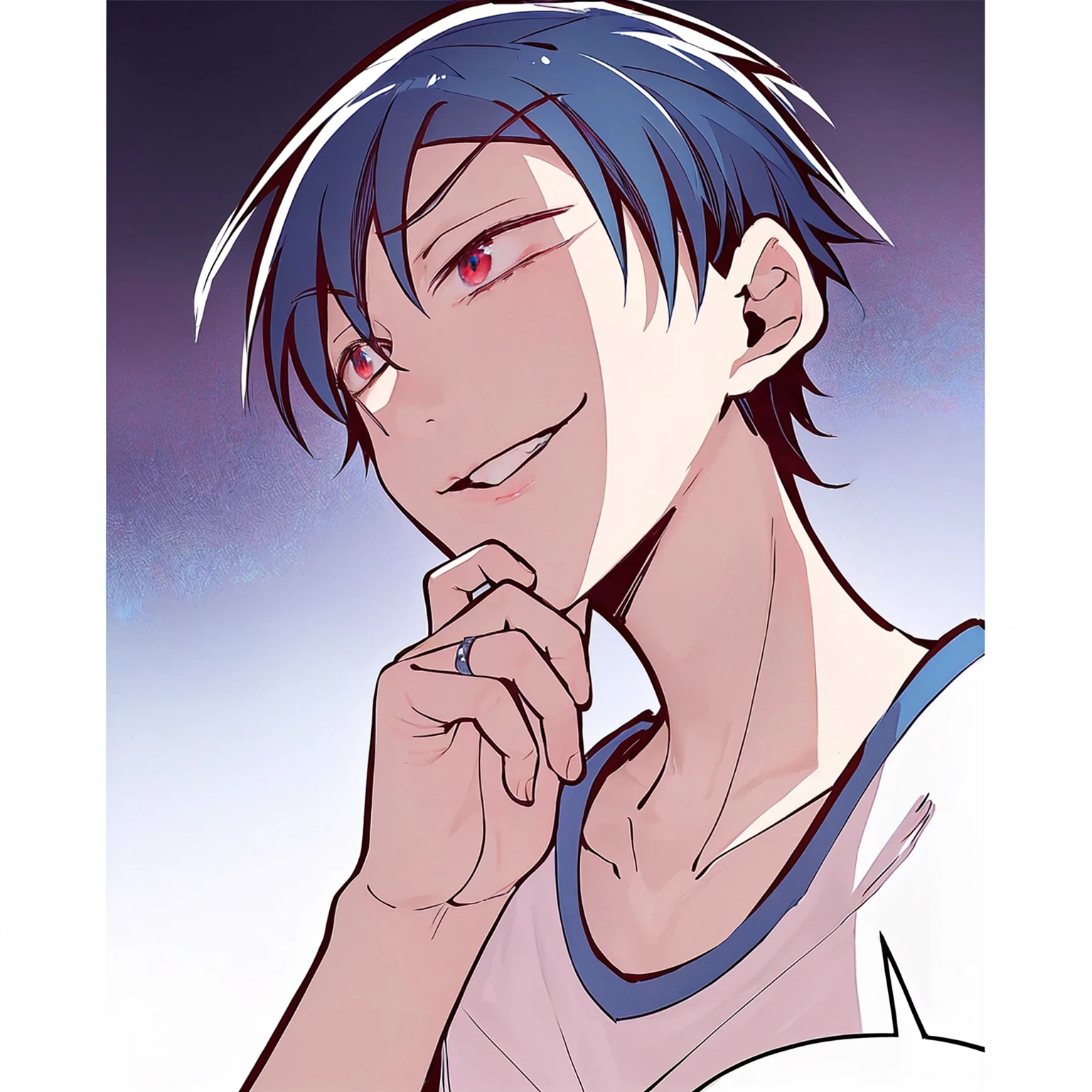 anime boy with blue hair and red eyes looking at something, 2d anime style, gamoe yandere, kentaro miura manga art style, [[[[grinning wickedly]]]], kentaro miura art style, kentaro miura manga style, makoto kano, tall anime guy with blue eyes, do pedal yowamushi, cloused mouth, serious face, cloused mouth, villain face, evil face