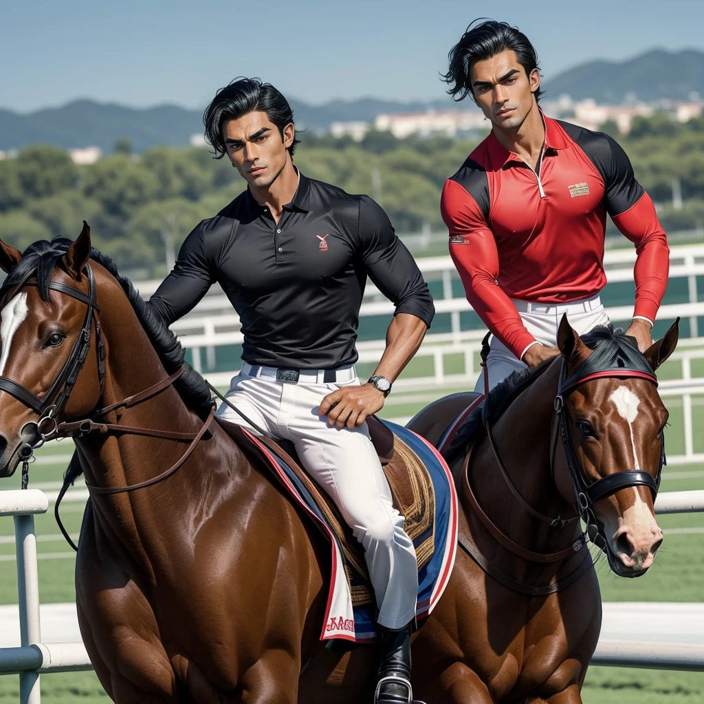 One man that is a muscular, attractive, black hair with somewhat tan skin, brown eyes, sharp jawline, thick eyebrows, racing silks outfit with bright and colorful colors inspired by polo men. Horse race track in the background With people riding horses.