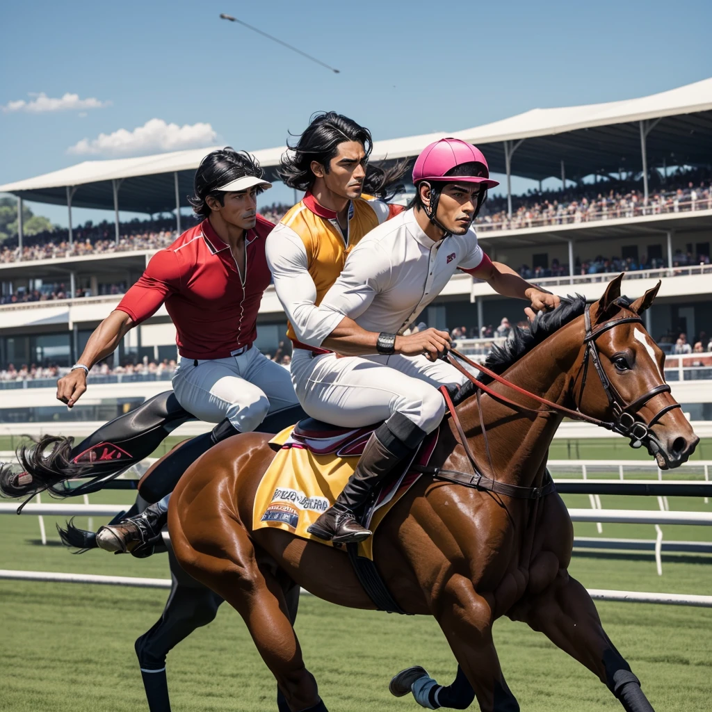 One man that is a muscular, attractive, black hair with somewhat tan skin, brown eyes, sharp jawline, thick eyebrows, racing silks outfit with bright and colorful colors inspired by polo men. Horse race track in the background With people riding horses.