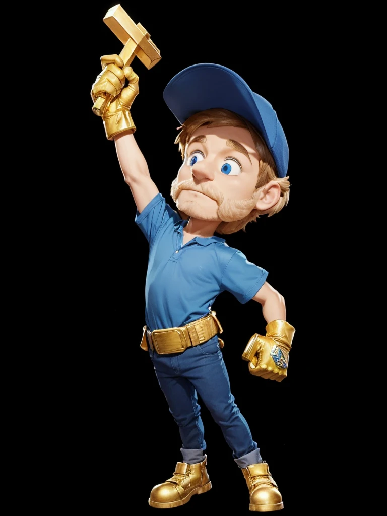 one men, with blue cap on head, with blue shirt, with blue pants, with yellow gloves on hands, holding a golden hammer in his right hand.