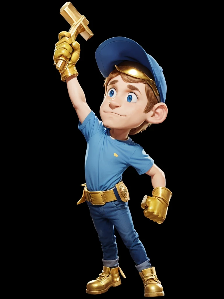 one  men, with blue cap on head, with blue shirt, with blue pants, with yellow gloves on hands, holding a golden hammer in his right hand.