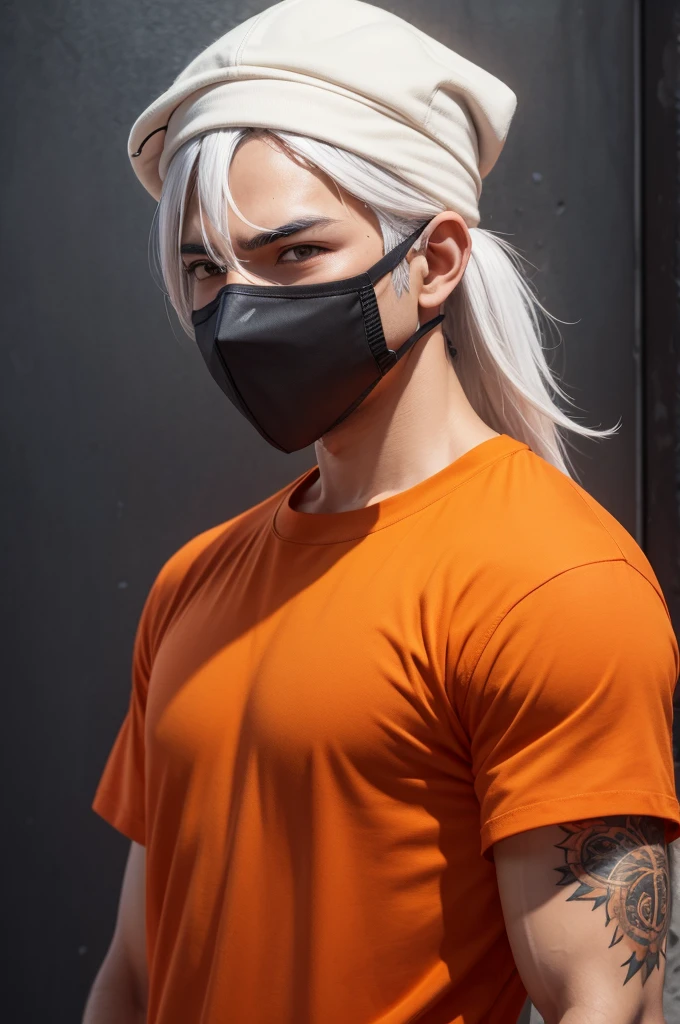 A male character Free fire style With a backwards cap with white hair With a mask covering his nose with an orange shirt with blood