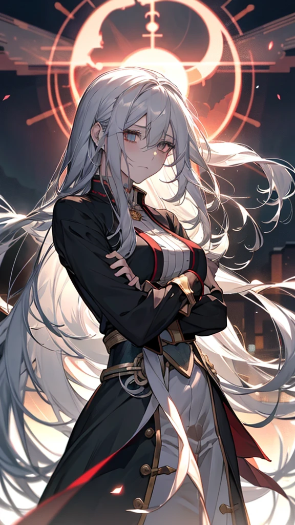 a picture of a woman of long white hair standing in front of a red light, Gray-haired deity, Gap Moe Yandere grimdark, Gap Moe Yandere, Gray-haired少女, Shiro from Deadman Wonderland, Gray-haired, of long white hair, White long hair, Crushing Despair, Flowing white hair, Long Hair Anime Girl, perfect Gray-haired girl