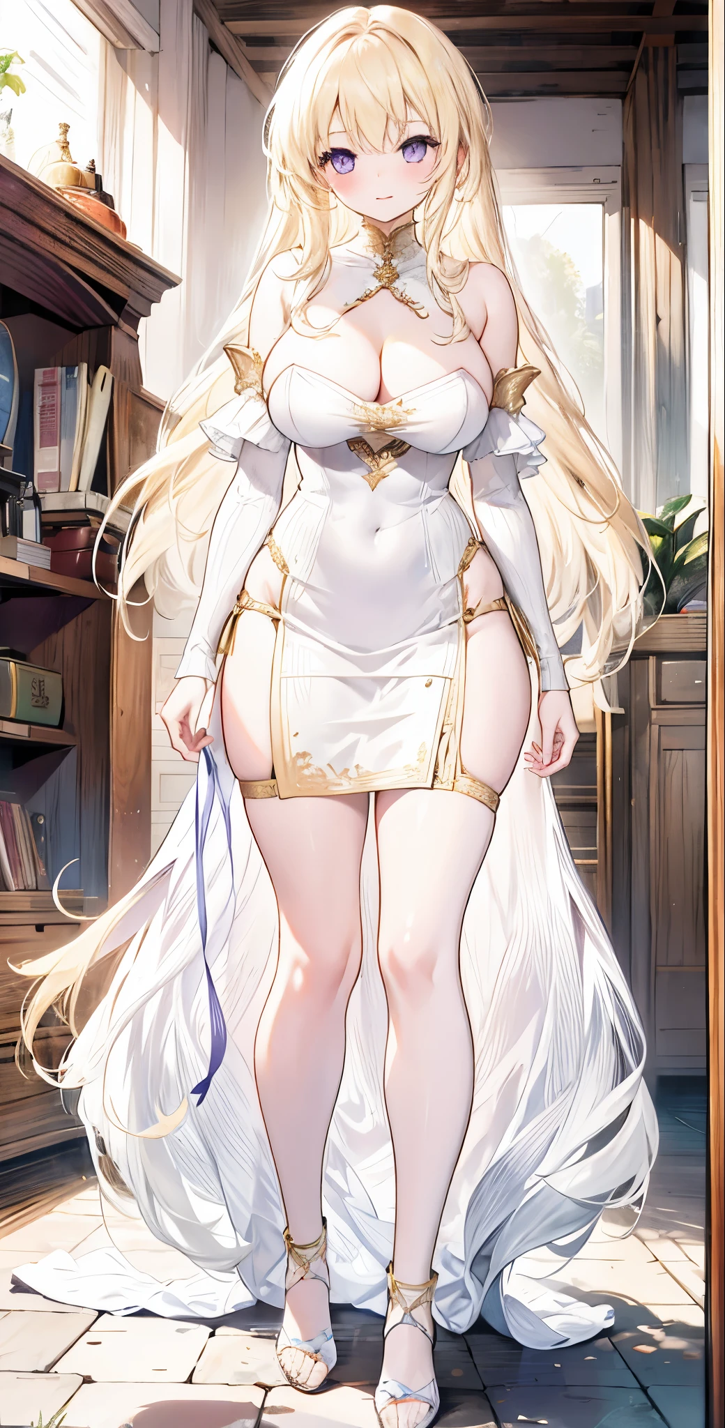 girl,Large Breasts,long hair,Topless,Bow,Blonde Hair, Purple Eyes, Cleavage,Large Breasts