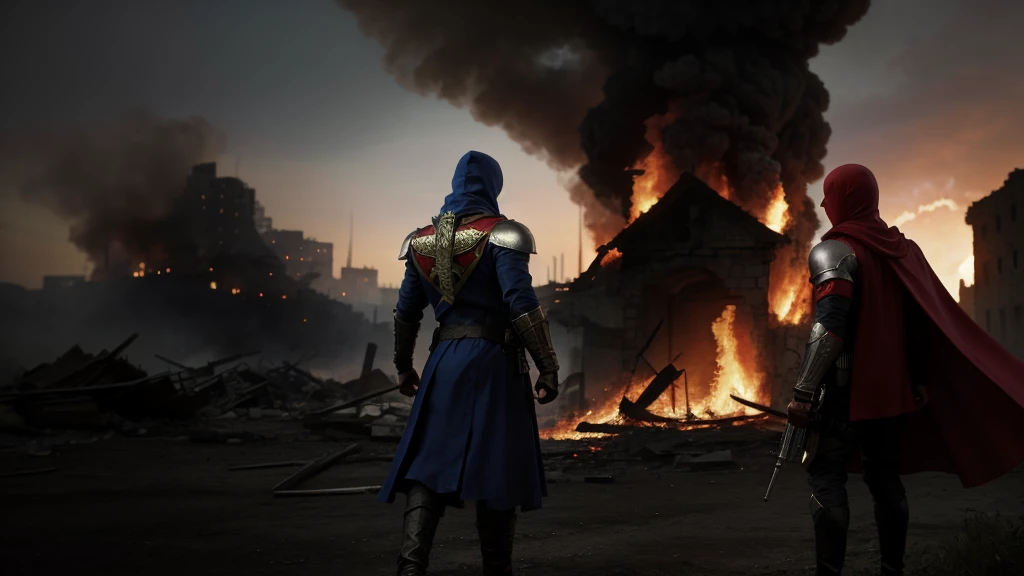 hdr, best 24k image, with shining armor a templar soldier, with a red hood, in front of a destroyed city, ruins fire, smoke, clear day